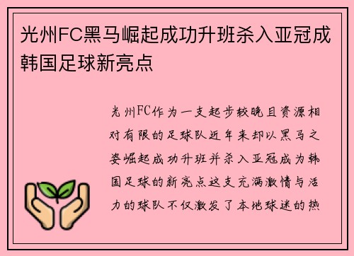 光州FC黑马崛起成功升班杀入亚冠成韩国足球新亮点